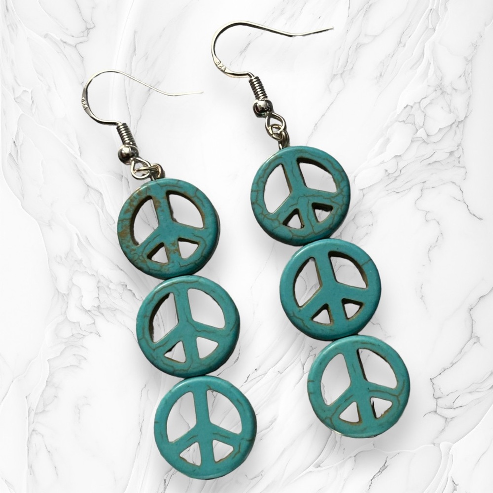 Handmade Earrings Peace Sign Turquoise Hippie Boho Dangle Silver Green - Picture 1 of 8